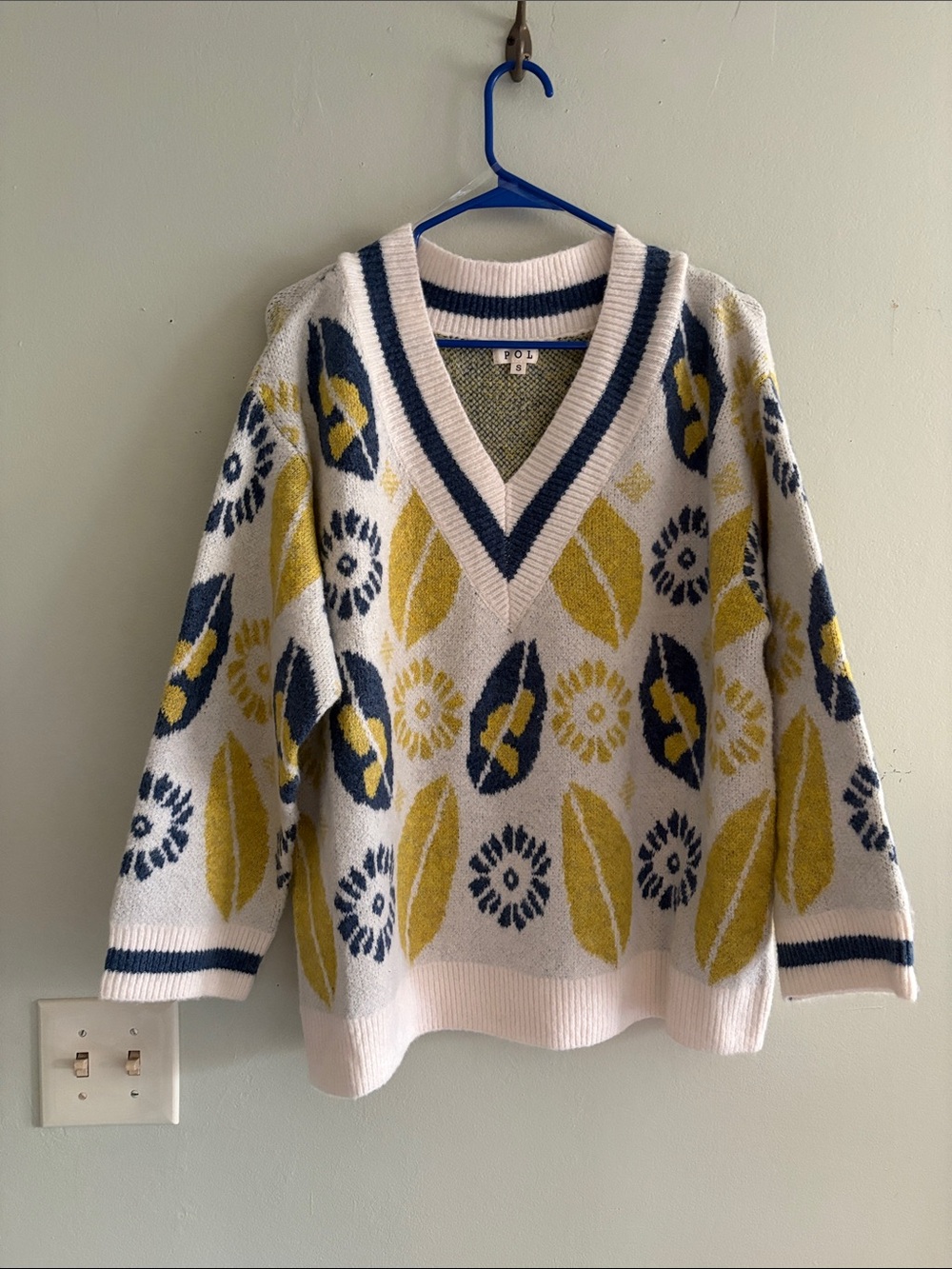 POL Cream V-Neck Sweater with Yellow and Navy Floral Motif